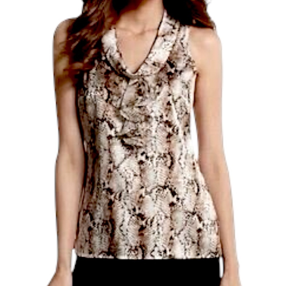 White House Black Market Silk Sleeveless Cowl Neck Snake Print Ruffle Detail Top
